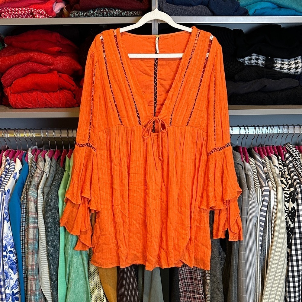 Free People orange long bell sleeve v neck side zipper oversized dress size S